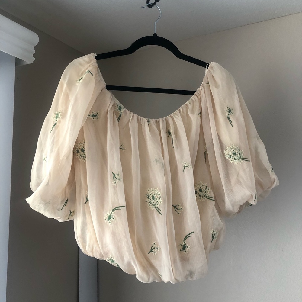 VILLA OFF THE SHOULDER EMBROIDERED CHIFFON BLOUSE